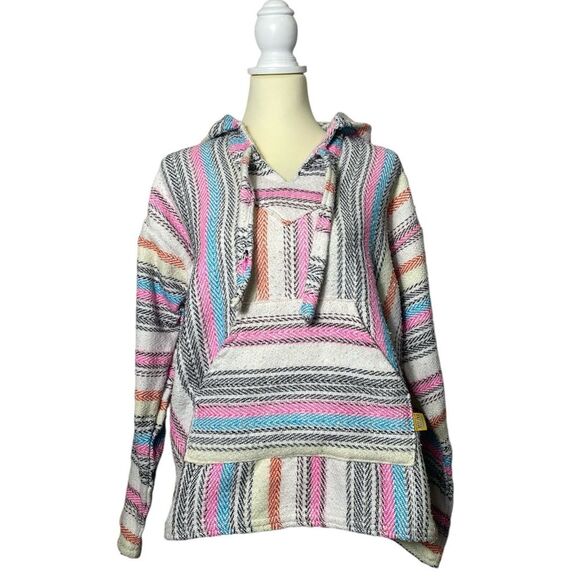 Artesanias Molina Aztec Mexican Striped Pullover Cotton Hoodie Size Medium - Picture 1 of 15